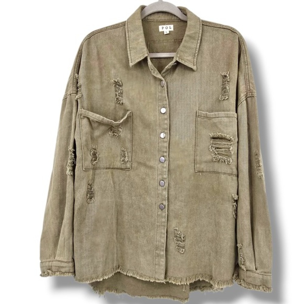 POL Olive Distressed Denim Shacket